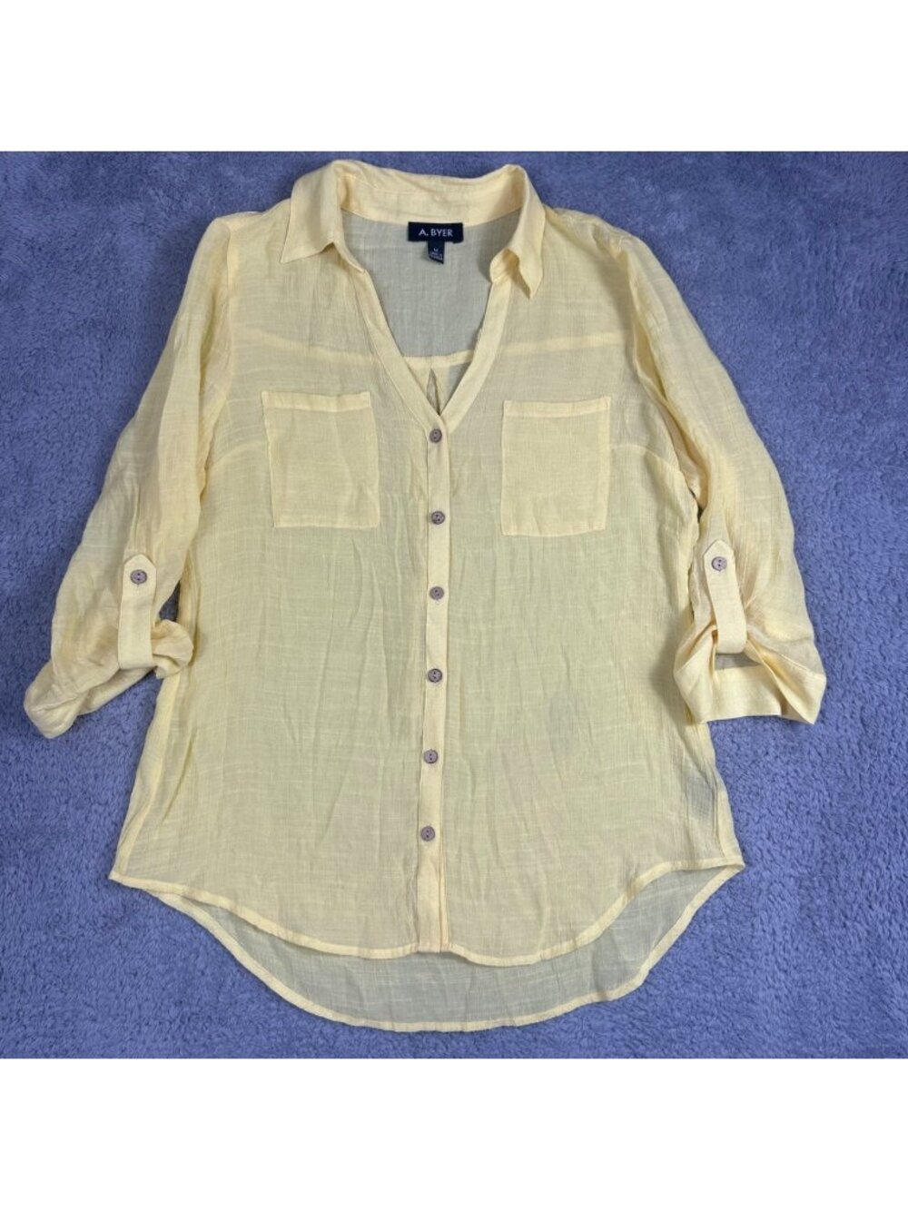 A. Byer Yellow Sheer Button-Up Blouse With 3/4 Roll-Tab Sleeves Size M